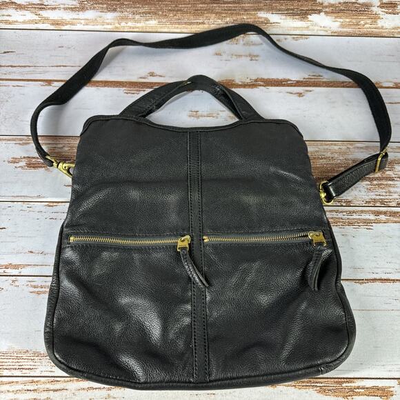 Vintage Fossil Folder Over Black Leather Purse Brass Shoulder Bag - Picture 1 of 7